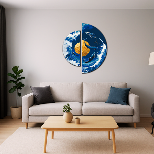 Malování podle čísel na rámu 70*70 cm Tanec velryb u zlaté planety s metalickými barvami (půlkruhy) OSR 1002